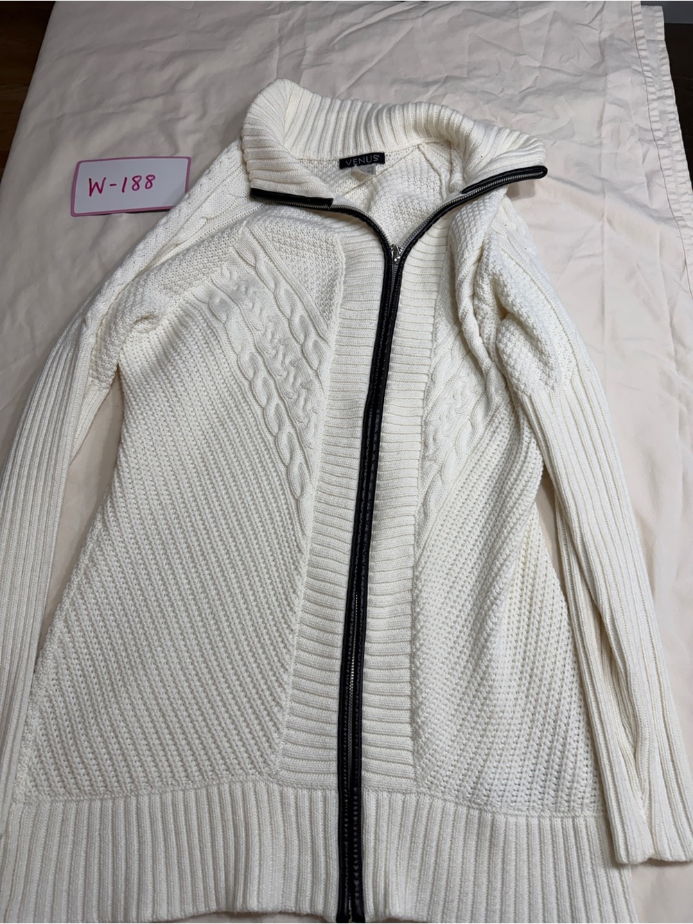 VENUS Cream Cable-Knit Zip Cardigan with Black Trim